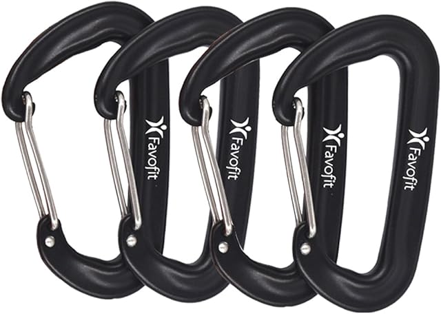 Favofit Carabiner Clip Heavy Duty - 4 Pieces 12KN Aluminium Wiregate Carabiner Clips - Lightweight Black Carabiner Hook for Backpack Hammock Swing Gym Camping Hiking