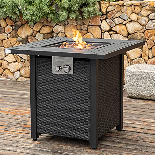 COSIEST Outdoor Metal Fire Table, 28-inch Square Black Brown Fire Pit, 40,000 BTU Auto-Ignition Fire Bowl w Imitation Wicker Base, Internal Propane Tank, Free Brown Lava Rocks