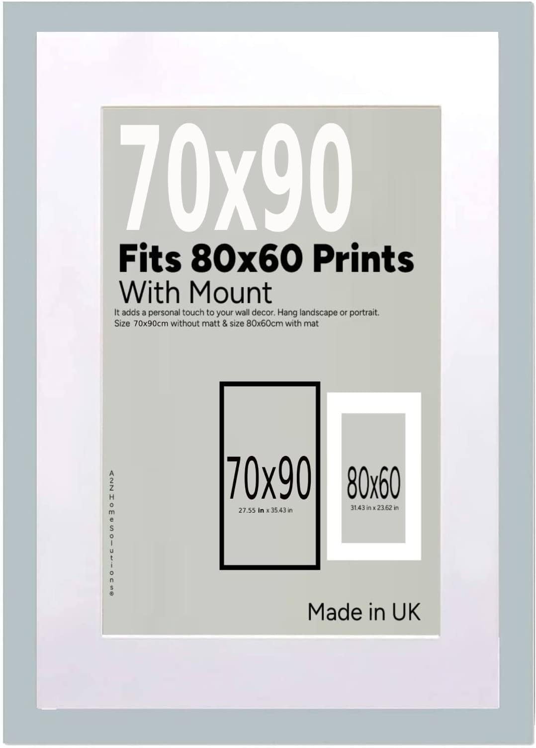 A2Z Home Solutions® Wall Photo Frame Light Grey 70x90 cm Frame With 80x60 cm Mount Picture Poster Print With Clear HD Perspex 30x15 MM Moulding Mounting Hooks MDF Backboard