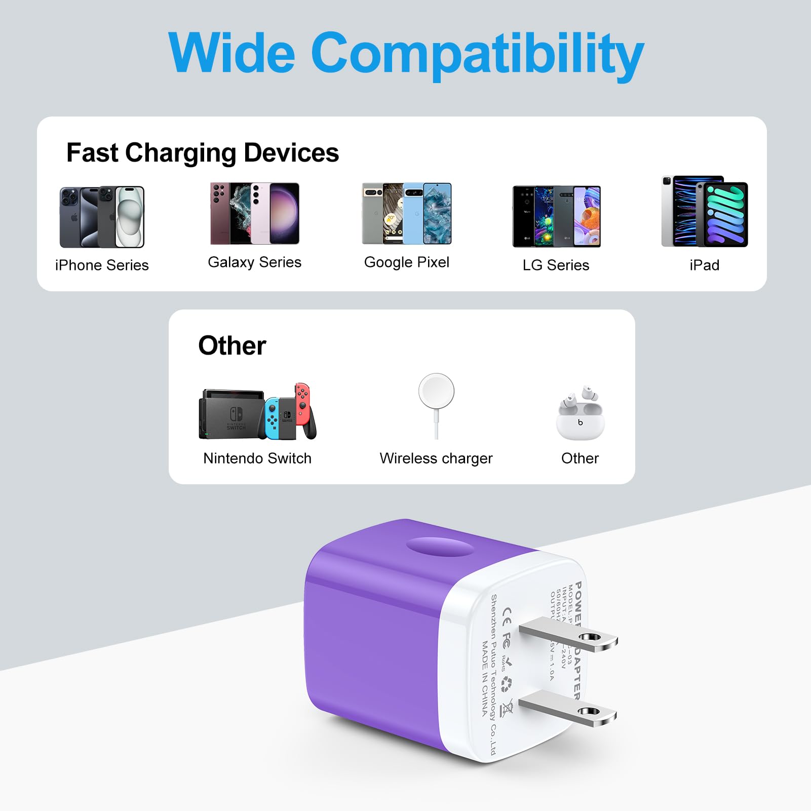 Cargador de enchufe de pared USB-A morado para Google Pixel 8a 8 7 Pro, Samsung Galaxy A55/A15/A53, S24/S23/S22/S21, paquete de 2 adaptadores de alimentación USB, caja de carga de enchufe de ladrillo