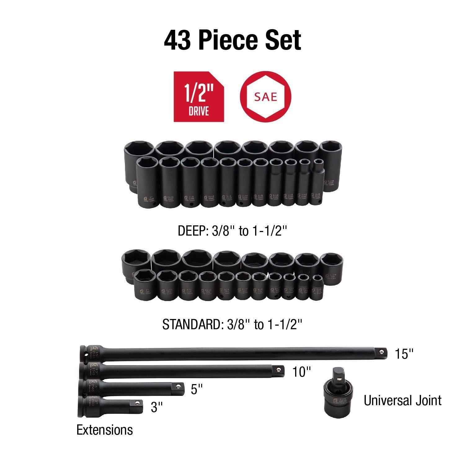 Sunex - Zestaw 43 nasadek udarowych 30 mm, SAE 9-30 mm, stal Cr-Mo, wytrzymała walizka