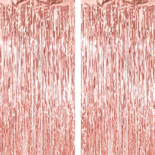2 Pack Thickened Rose Gold Metallic Foil Fringe Curtains Streamer Rip Resistant Shimmer Tinsel Photo Booth Backdrop for Birthday Wedding Christmas Bachelorette Party Decorations 3.28ft x 6.56ft