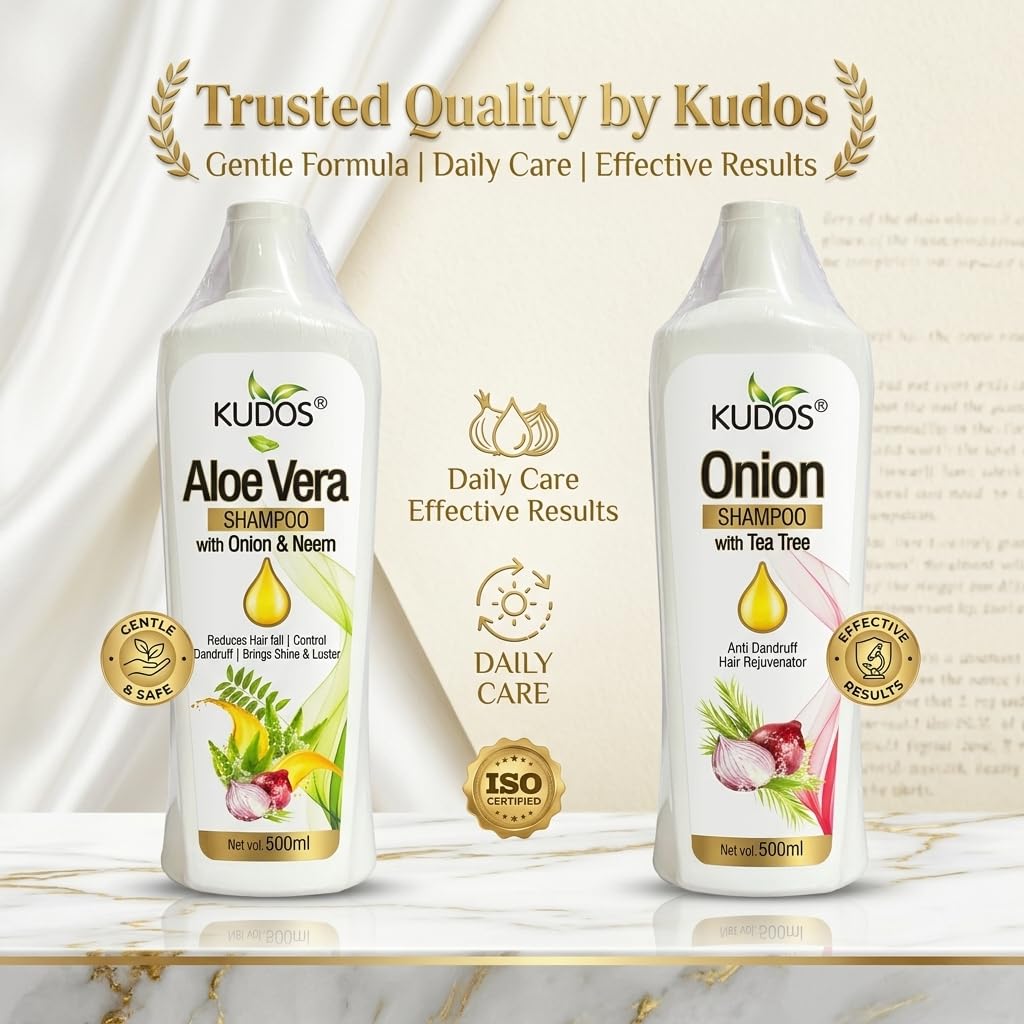Kudos Ayurveda Aloe Vera Shampoo with Onion & Neem + Onion Shampoo with Tea Tree | Hair Nourishing & Strengthening Combo | Gentle Cleansing for Healthy Looking Hair | 500ml Each (Pack of 2) 2