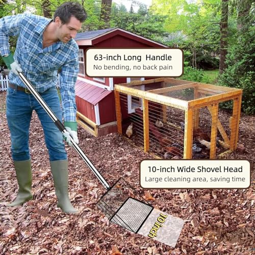 Image of Chicken Poop Scooper,10-inch 37 to 63 inch Long Chicken Coop Scoop with Stainless Steel Handle, Chicken Coop Cleaning Rake for Poop Sand, Large Hen Litter Sifter Shovel