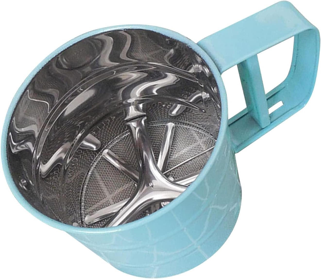 Stainless Steel Sifter for Baking, One Hand Press Crank Sifter for Powdered Sugar Shaker Duster Flour Sieve Fine Mesh Pastry Sieve Cup for Quick Sifting (Blue)