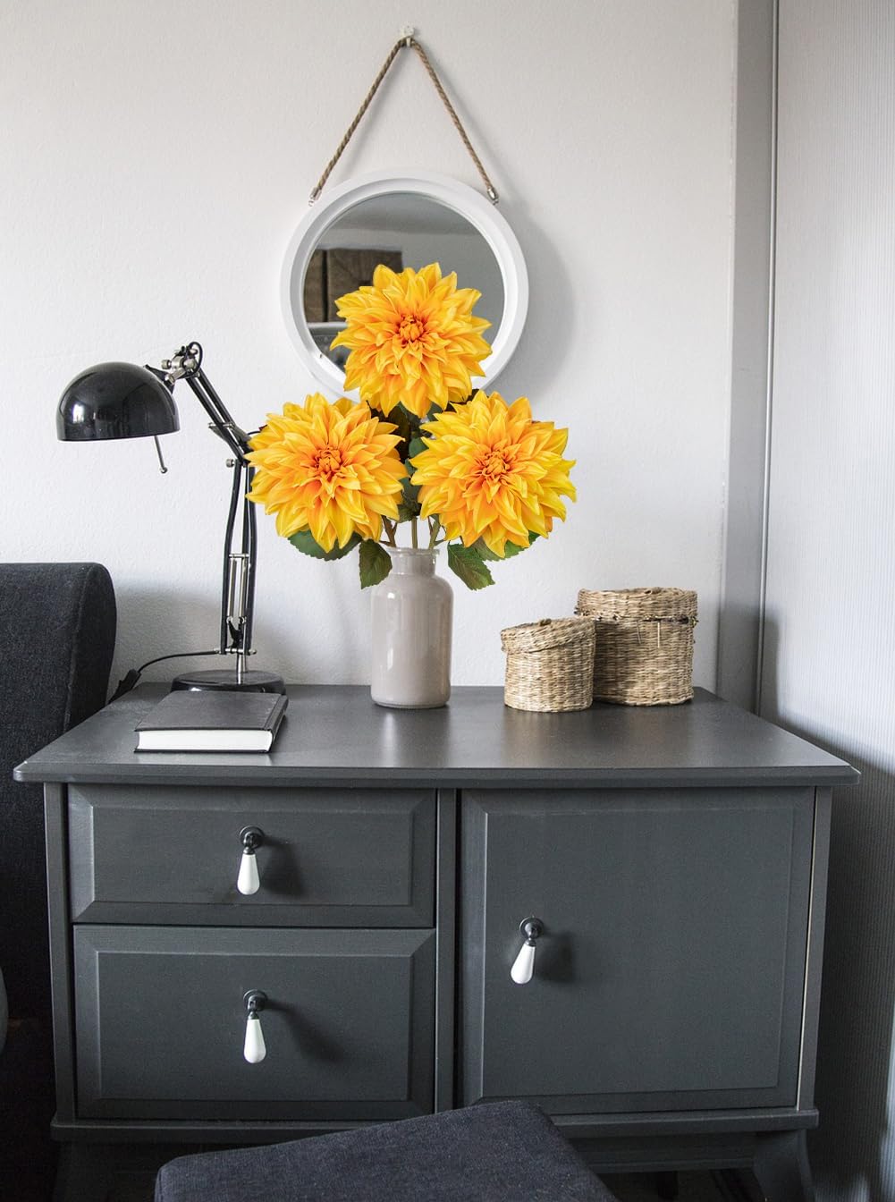 3Pcs Yellow Artificial Dahlia Flowers Fall Fake Flower Silk Flowers with Long Stem 27.5" Floral Arrangements Bouquets Autumn Faux Dahlias Flowers for DIY Wedding Party Centerpieces Home Decor - Image 5