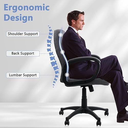 Miniatura 7 de CLATINA Silla de escritorio de tela transpirable gris con ruedas giratorias, altura ajustable, soporte de espalda media para el hogar, ejecutivo o