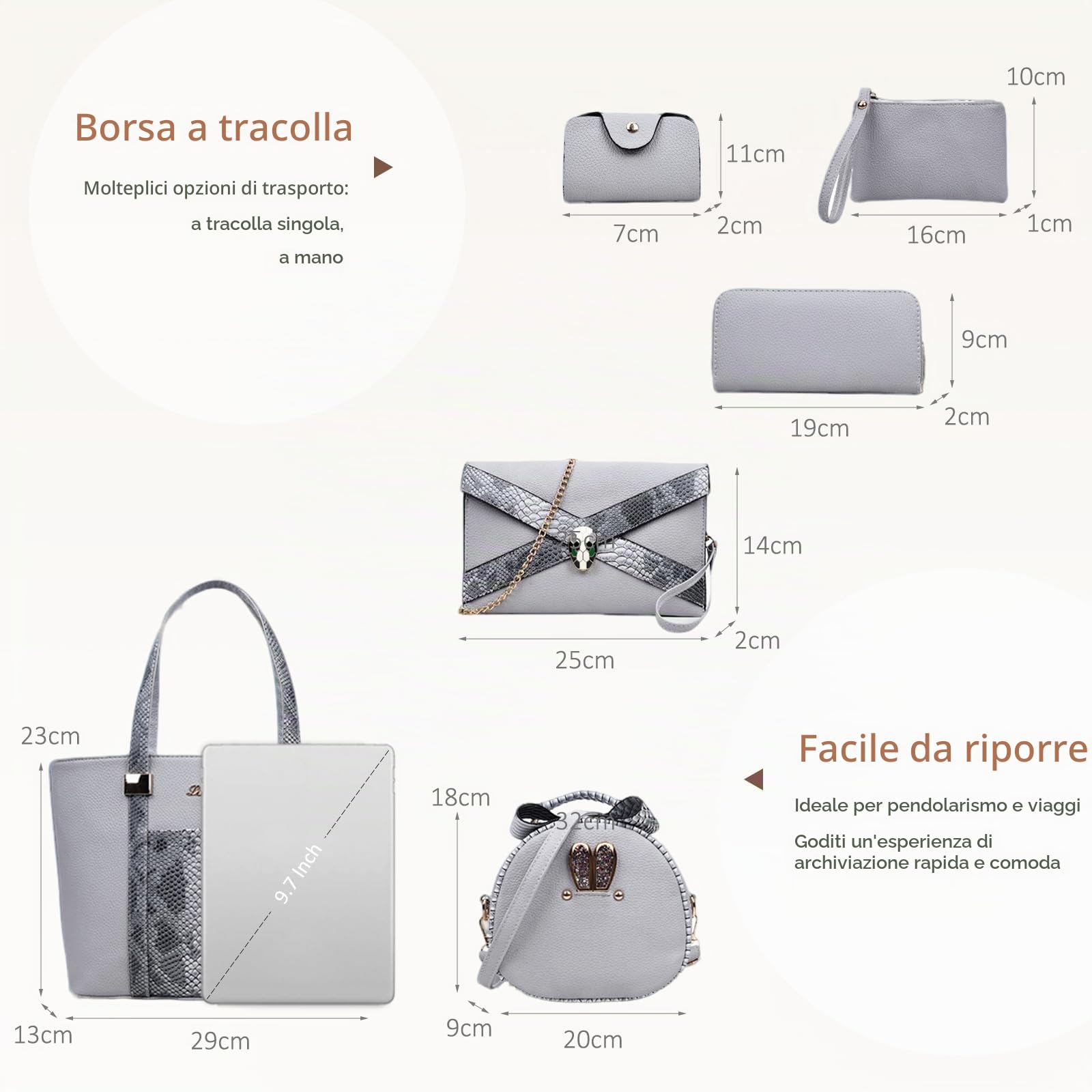 NICOLE & DORIS borsa per donna Borsette Donna 6 pezzi Borse Tracolla Portafogli borse a tracolla Grigio