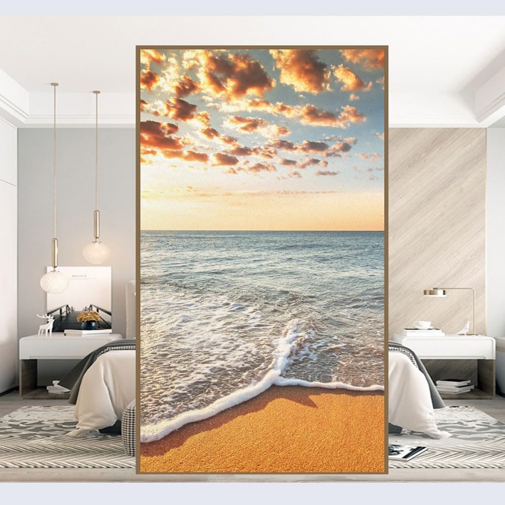 Sea Beach Scenery Pattern Privacy Window Film Heat Control UV Blocking Window Glass Film Static Cling Decorative Frosted Window Sticker(50x140cm)