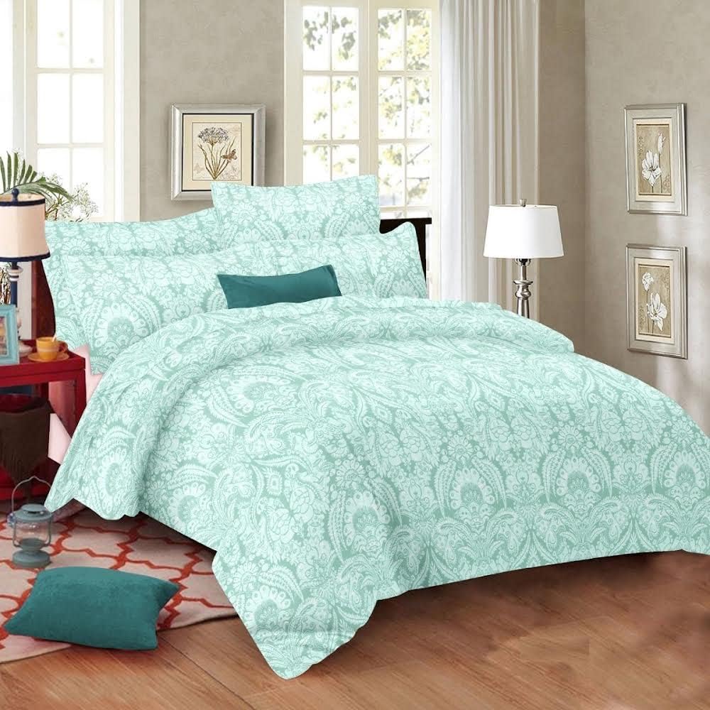 Floral Printed Design Soft Sateen 100% Cotton 400 Thread Count Bedding Set - Sleek, Smooth, & Breathable (Floral Printed Aqua Blue, 3PC Duvet Cover Set- King)