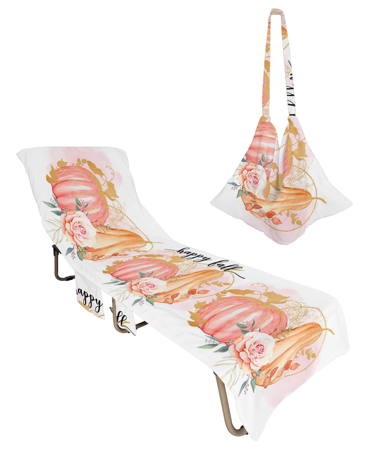 Orange Pink Pumpkin, Beach Lounge Chair Towel Cover, Soft Chaise Lounge Towel with Side Pockets Patio Pool Chairs Cover for Beach/Pool Sunbathing 29x85 Thanksgiving Autumn Rose Flower Gold