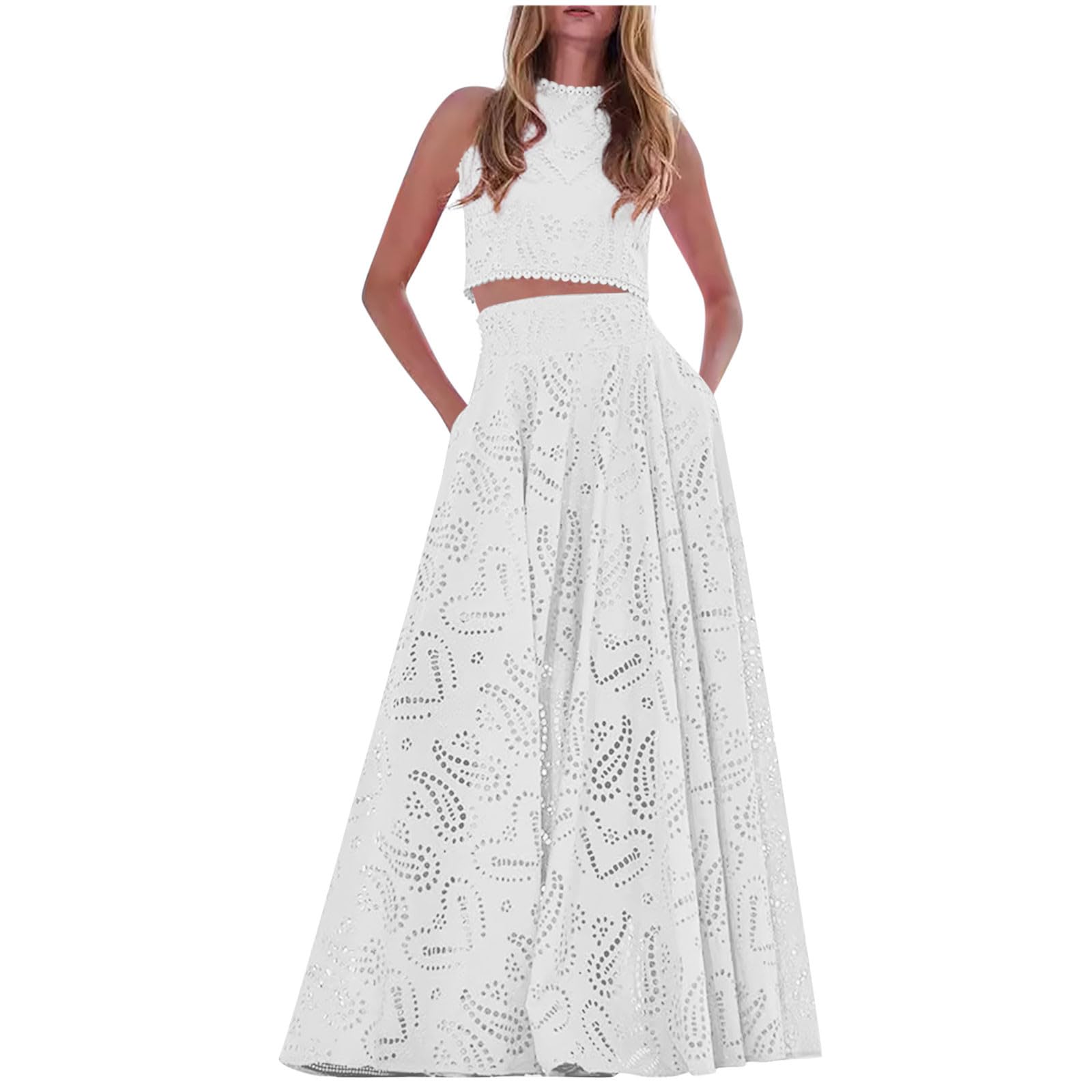 HGps8w Womens 2 Piece Outfits Boho Lace Hollow Crop Halter Tank Top with Maxi Skirts Trendy Vacation Sets