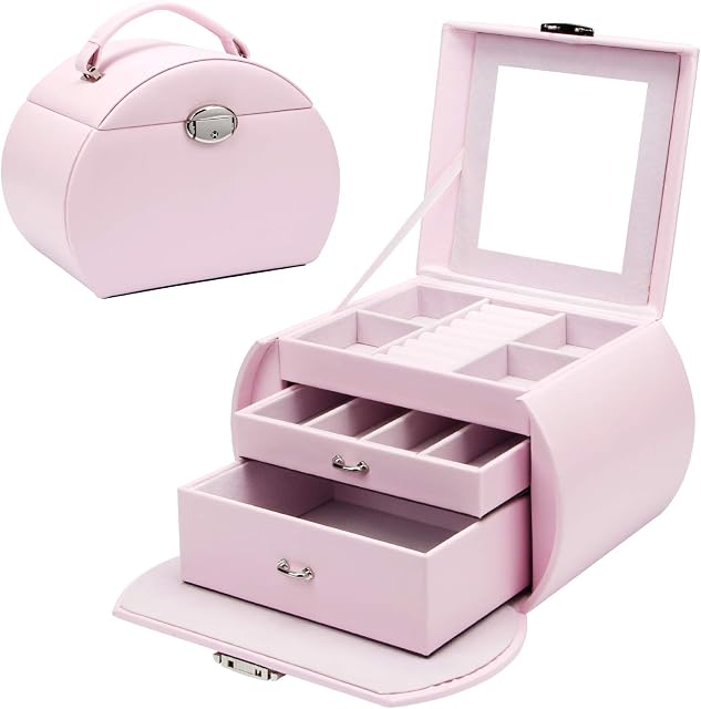 Seelux Jewellery Box for Girls, Lockable Jewellery Boxes Organizer with Mirror and 2 Drawers, Small Display Storage Case for Rings, Bracelets, Earrings,Gifts for Teenage Girls Women Pink