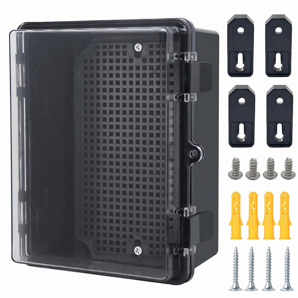 Otdorpatio Junction Box, Hinged Black Clear Cover IP67 Waterproof ABS Project Box with Mounting Plate Electrical Box Enclosure with Wall Bracket 8.7 x 6.7 x 4.3inch(220x170x110mm)