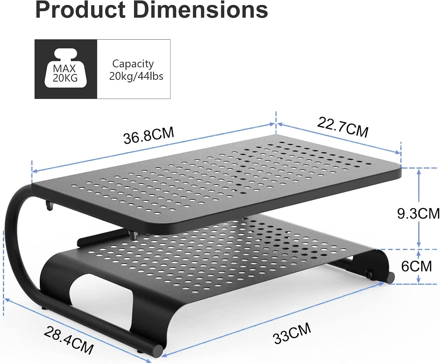Diagram showing the dimensions of the Suptek MST002 Monitor Stand, including length, width, and height of each shelf, and its 20kg weight capacity.