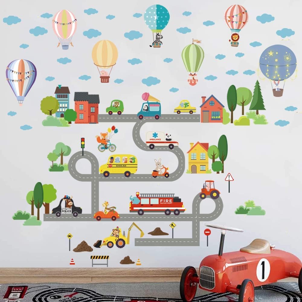 Tanlaby Car Road Wall Stickers City Transportation Wall Decal Hot Air Balloon Vehicles Wall Sticker for Kids Baby Nursery Bedroom Playroom Living Room Classroom Wall Decor - Image 3