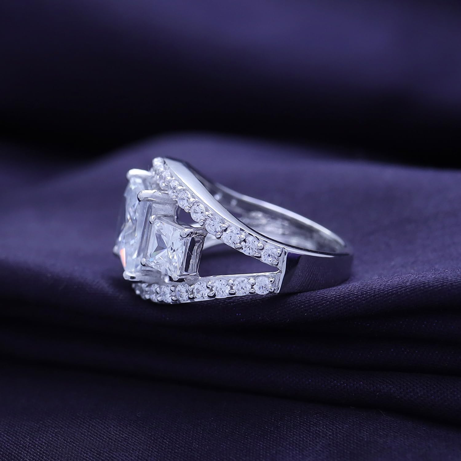 AFFY Square and Round Shape White Cubic Zirconia Three Stone Wedding Ring 14K Gold Over Sterling Silver