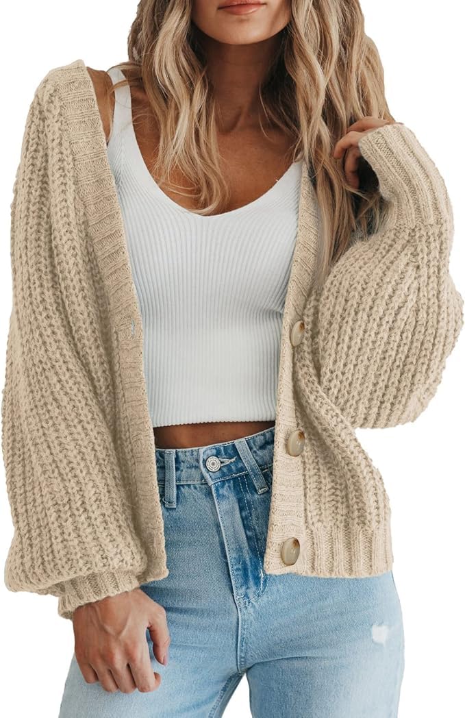 Womens Chunky Knit Open Front Sweater 2025 Fashion Plus Size Long Sleeve Button Loose Short Cardigan Outerwear Coats