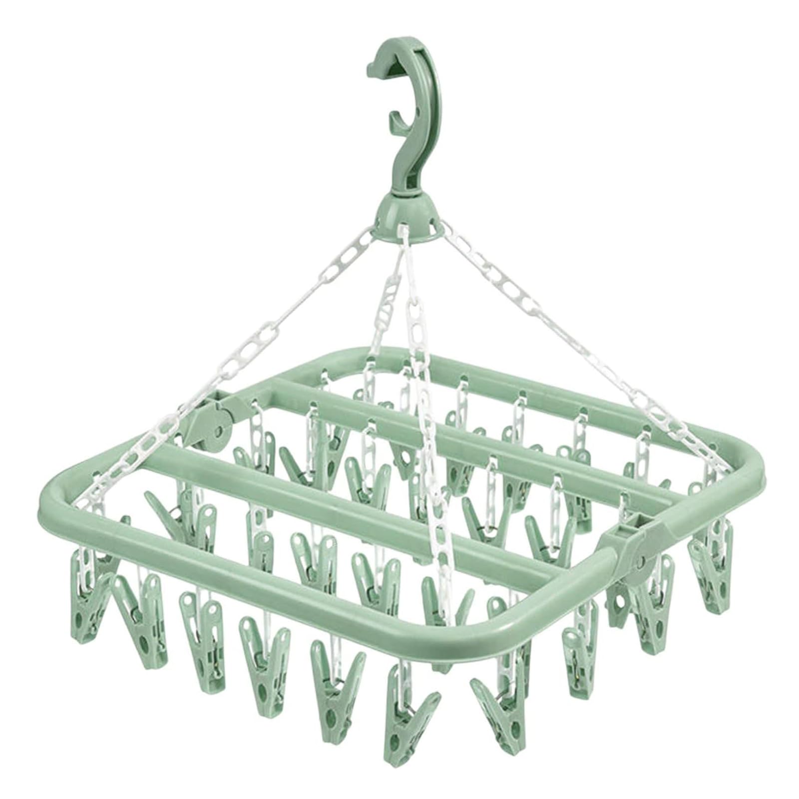 Jfgdvw Green Clothes Drying Hanger With 32 Clips, Foldable Clothes Airer, Multi-Functional Sock Dryer, For Socks, Underwear, Bras, Baby Clothes, Small Laundry Items (Green)