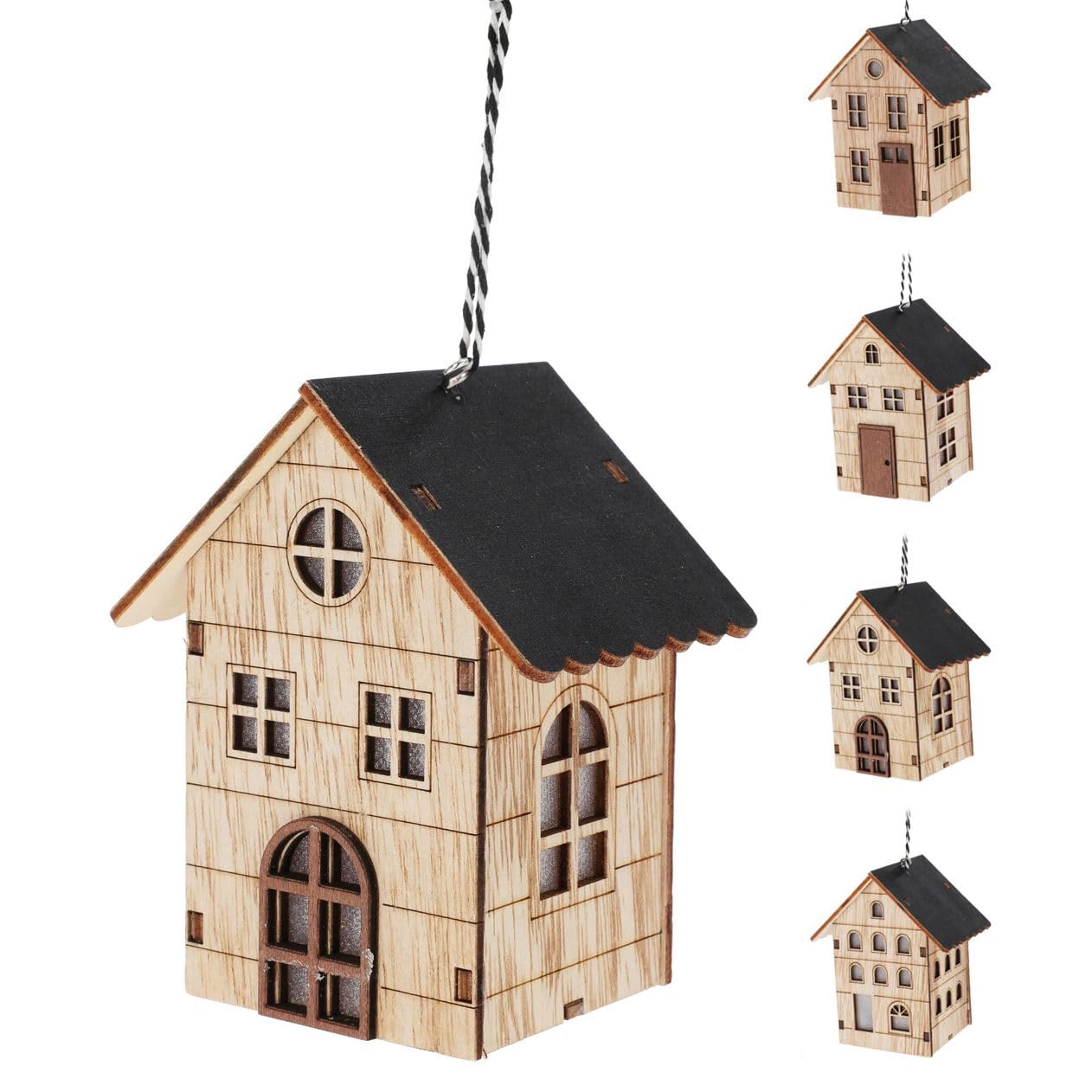 Carousel Home LED Christmas House Bauble | Light-up Wooden Christmas House Hanging Decoration | Christmas House Tree Ornament - 10cm ~ Design Varies One Supplied
