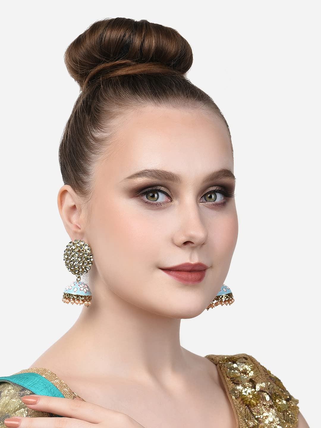 Turquoise-Pink Meenakari Kundan Ethnic Jhumki Earrings