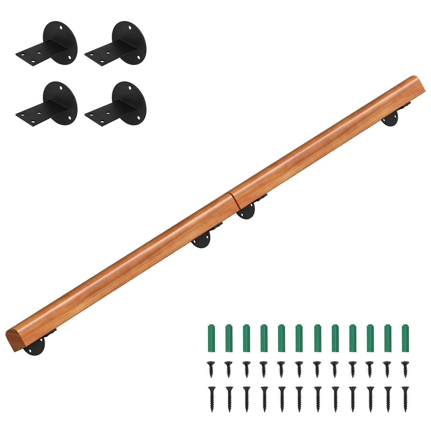 Main courante en bois de pin - 180 cm - Rampe murale pour escalier - Main courante en bois antidérapante - Rampe d'escalier - Avec supports muraux - Matériel de montage - Noyer clair