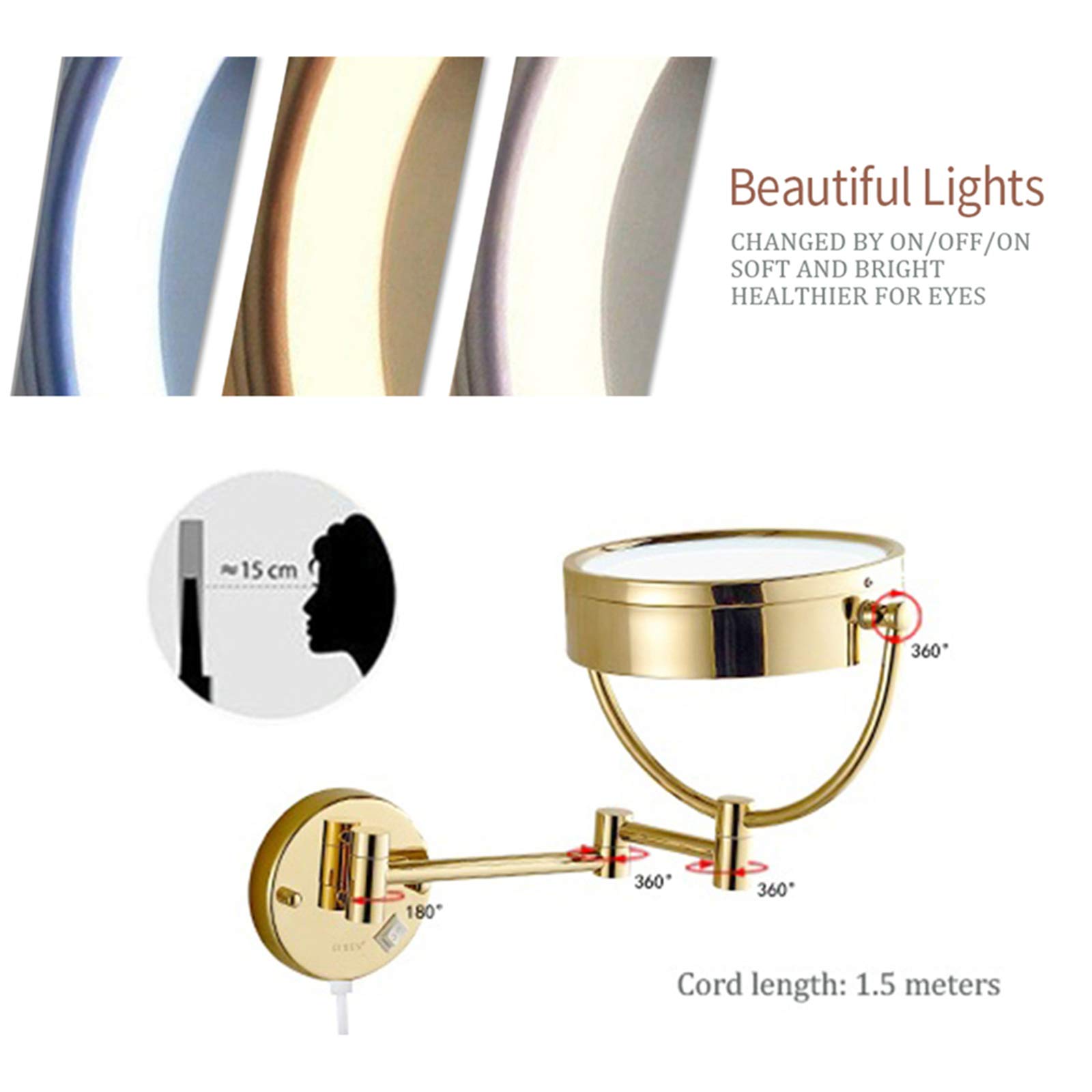 Specchio Da Parete LED 3 Tonalità Luce 10x Ingrandimento - Oro Antico