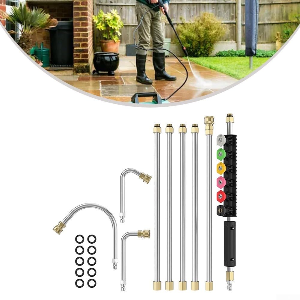 Zoegneer Varita de extensión de acero inoxidable de 9 pies con accesorios de latón, 6 boquillas de pulverización para limpieza de tejados de canalones y patios para 14 sistemas de lavado a presión