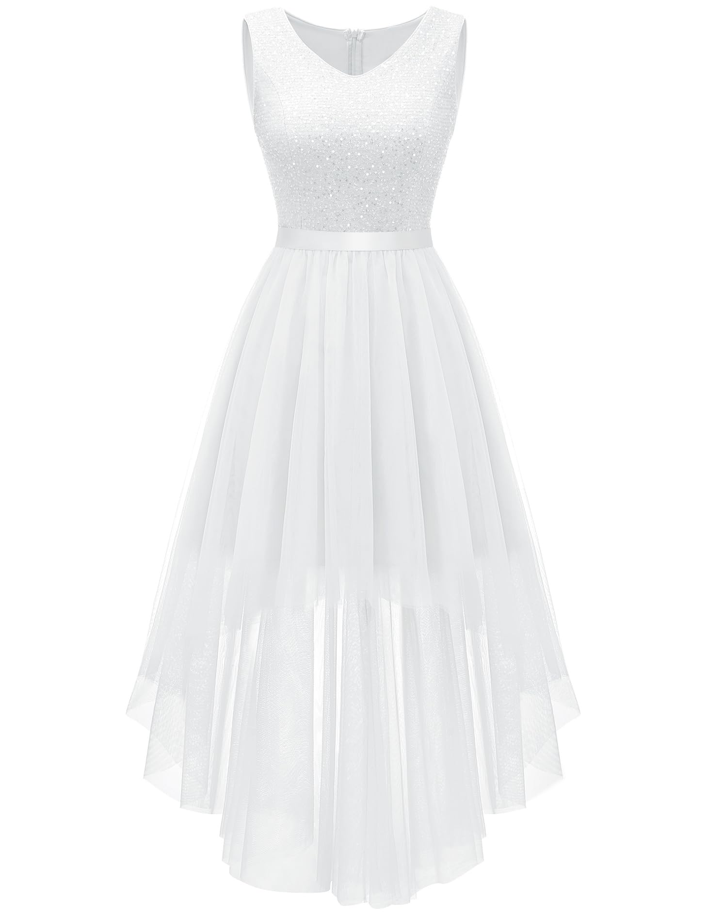 Photo 1 of BeryLove Homecoming Dresses for Teens Sequin Vintage A Line Wedding Formal Elegant Tulle Dress Sleeveless Cocktail Evening Midi Gowns S003 White M