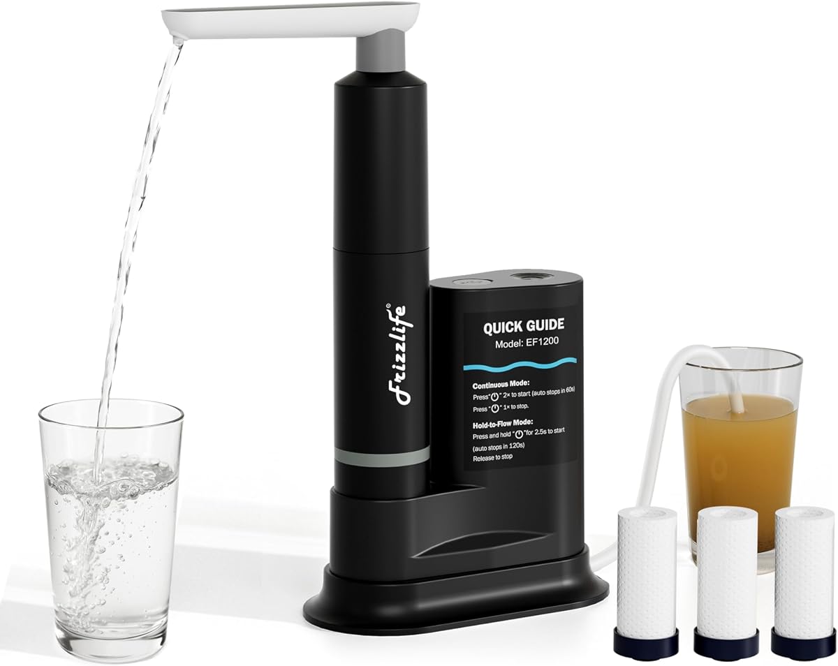 Frizzlife Filtro y purificador de agua eléctrico para camping, filtro de agua portátil de un toque para senderismo, mochilero y emergencia, filtración de flujo rápido de 0,01 μm con bomba USB-C recargable, 3 prefiltros, EF1200