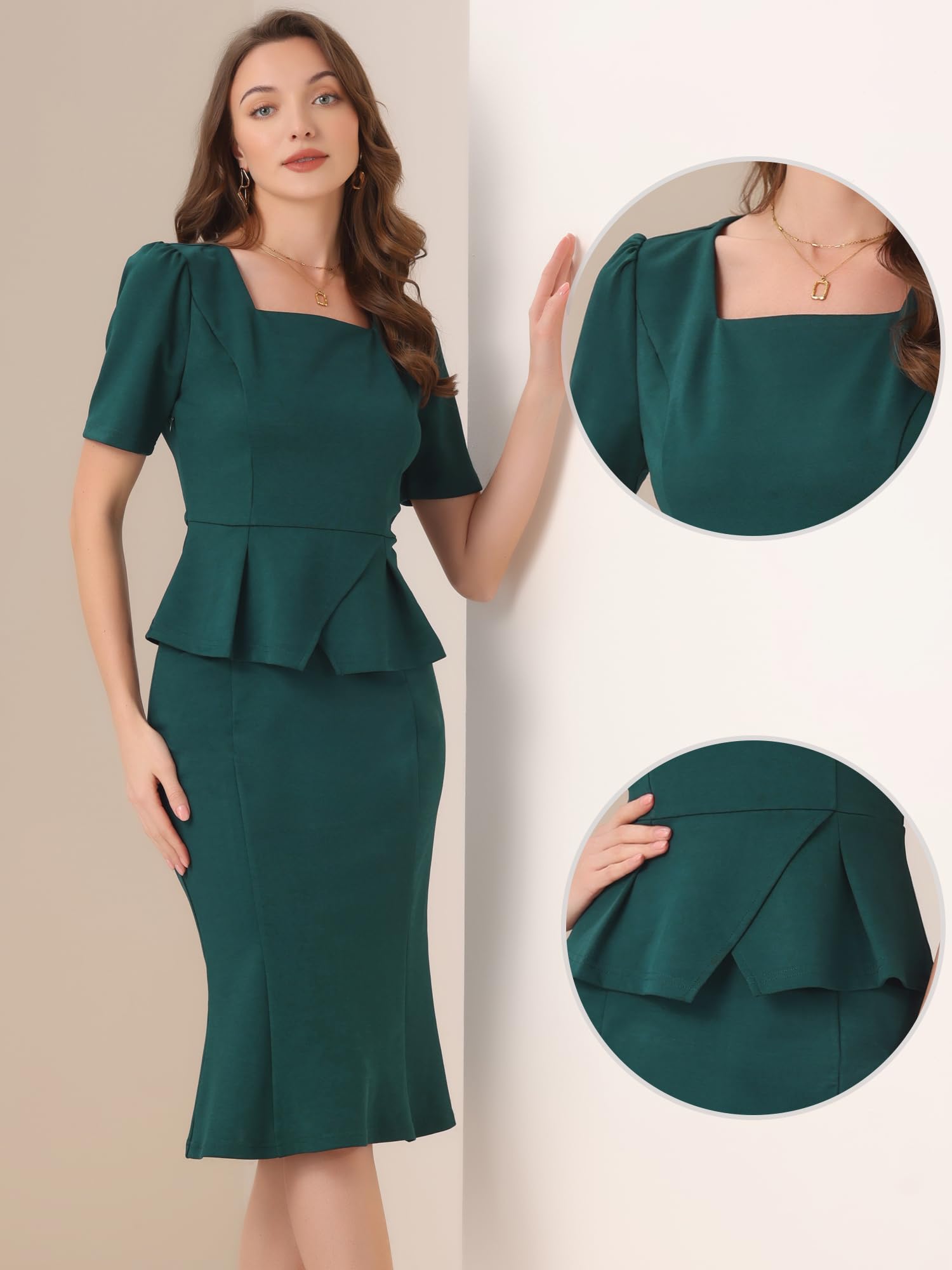 Allegra K Mujer Conjunto de Falda Y Blusa Peplum para Traje de Negocios Cuello Cuadrado Manga Corta Faldas Ajustadas con Cola de Pez