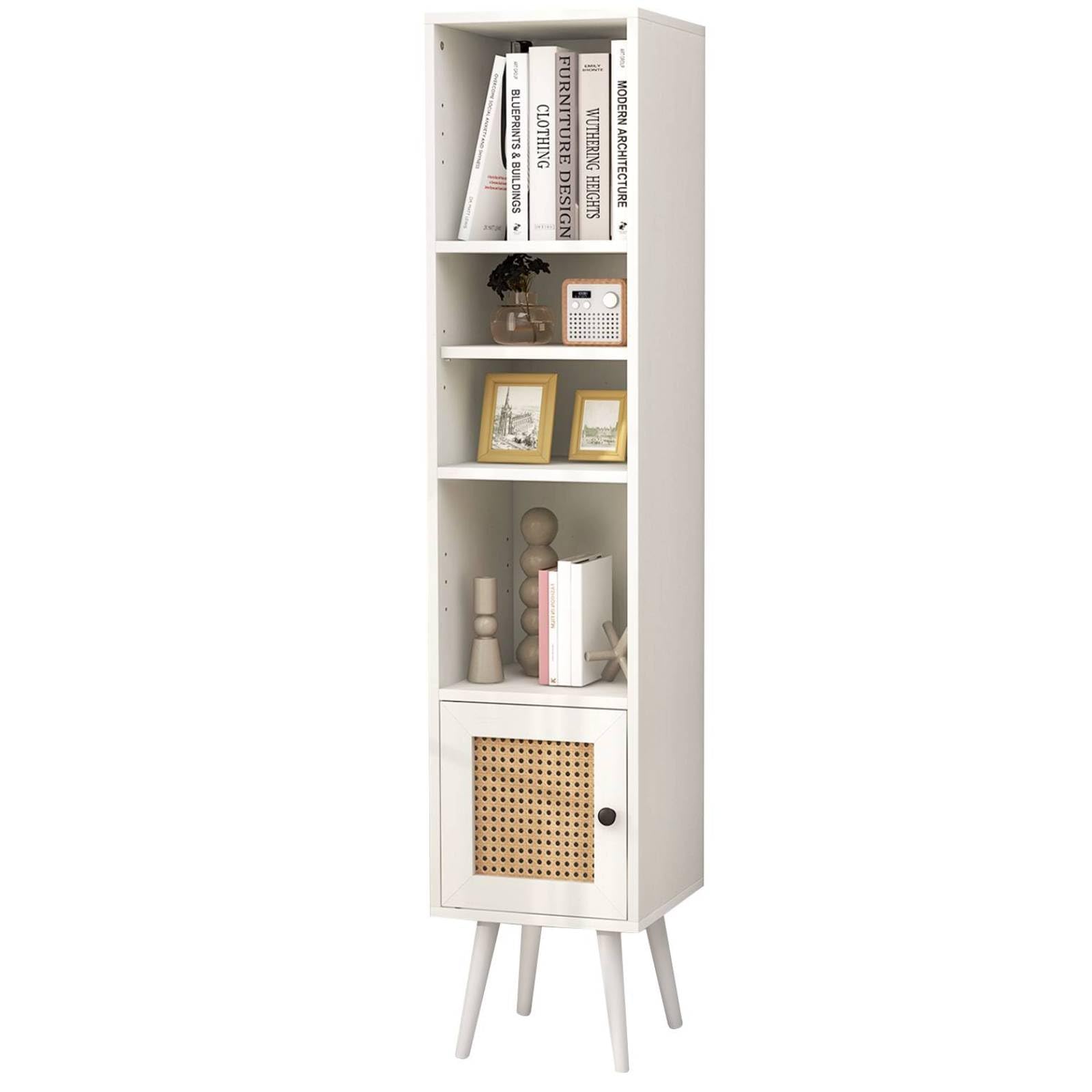 SFAREST 137CM Tall Narrow Bookcase, Wooden Freestanding Bookshelf with 12-Position Adjustable Shelf & Cabinet, Slim Corner Display Storage Shelving Units for Living Room Bedroom Office (White)