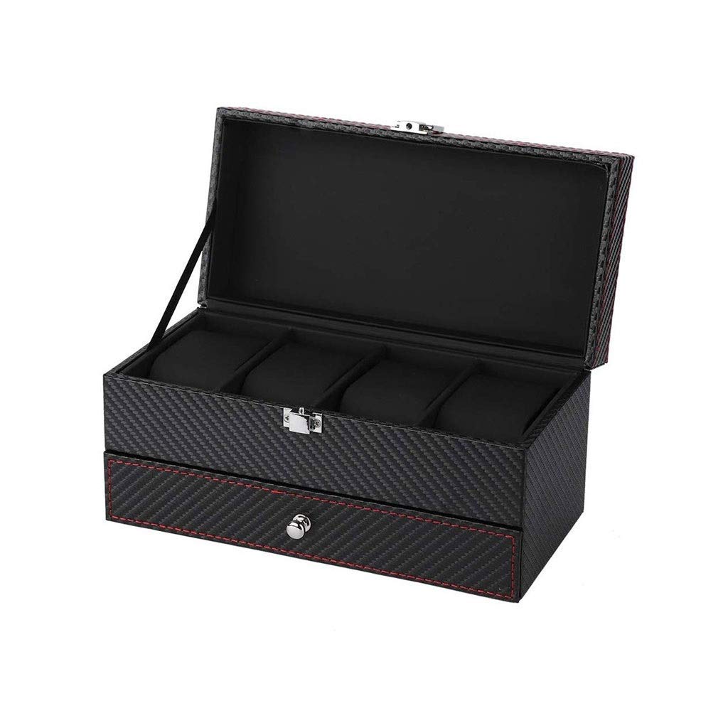 Schmuckschatulle – Uhrenbox-Organizer mit Schublade – Echtglasplatte, verstellbares Tablett, Metallscharnier Present