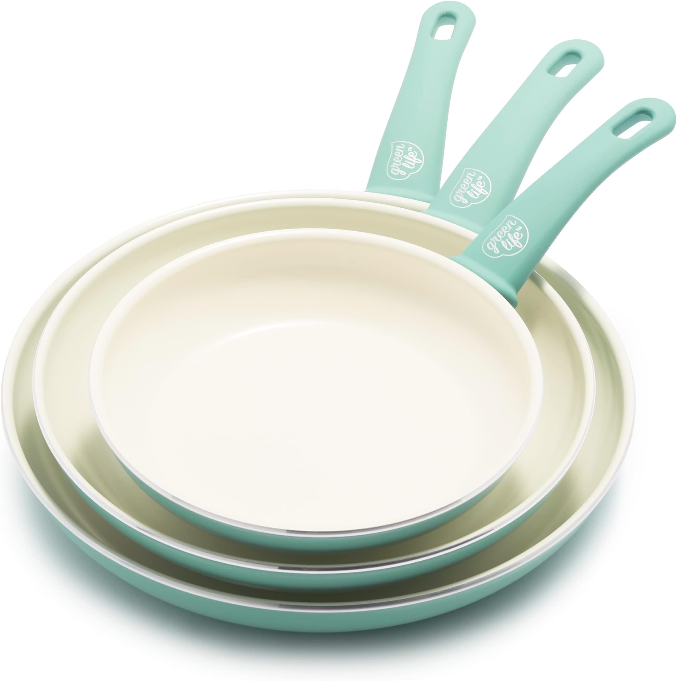 GreenLife Soft Grip Healthy Ceramic Nonstick, 8" 10" and 12" Frying Pan Skillet Set, PFAS-Free, Dishwasher Safe, Turquoise
