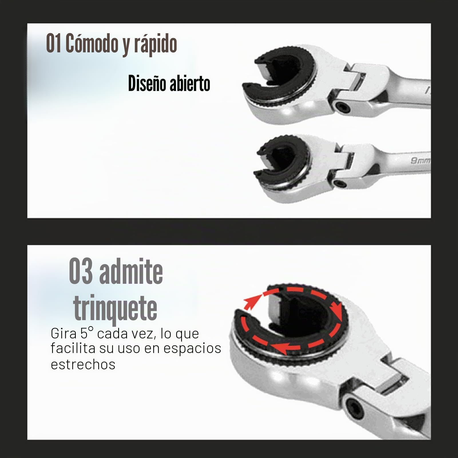 Juego de 5 Llaves de Carraca de Doble Boca con Cabezal Flexible, 10 11 13 14 17 mm Acero CR V 72 Dientes Ajustable a 180 Grados para Mantenimiento de Automóviles