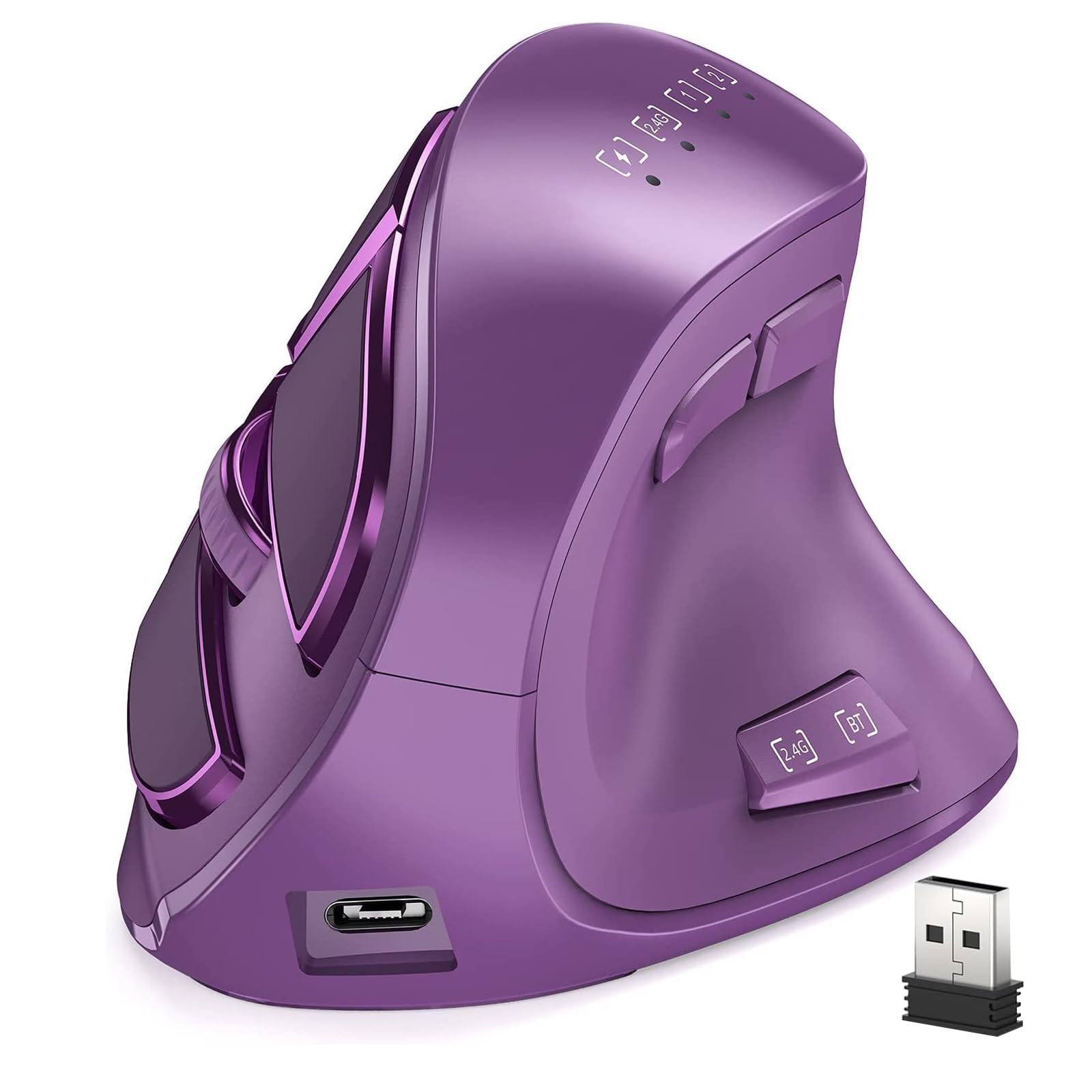 Ratón vertical, ergonómico inalámbrico (BT 5.0 + Bluetooth 3.0 + conexión USB) con 9 botones, ratón vertical recargable para ordenadores (morado)