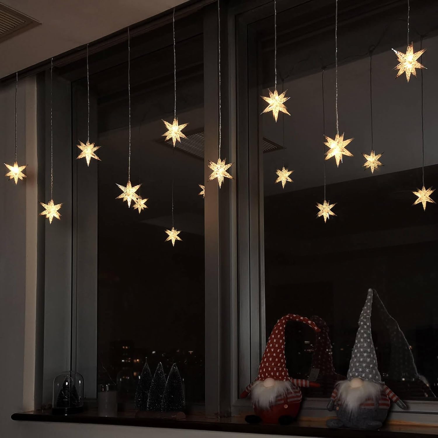 Leejec Moravian Star Curtain Light, Plug in with Remote, 8 Flashing Modes of Warm Light, 9 Silver Stars LED String, Indoor Christmas Decorations, Wedding Party Window Décor