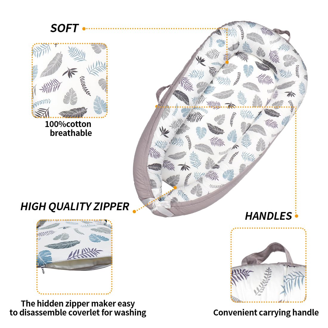 HOUSEYUAN Baby Lounger Replaceable Cover Baby Nest Backup Cover 100% Cotton Breathable Machine Washable (Gray Leaves)