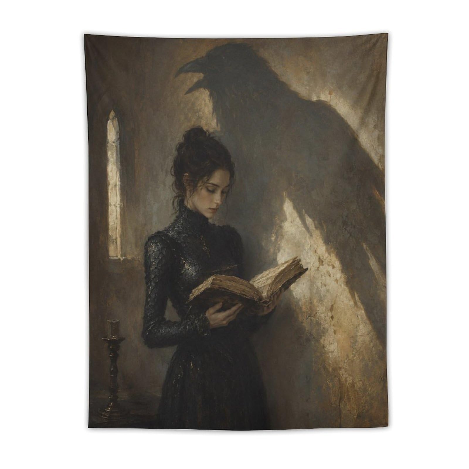 H3B8U2Y5 Woman Reading Raven Shadow Wall Tapestry, Realistic Illustration