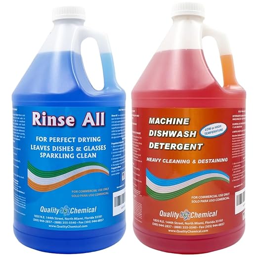 Quality Chemical Commercial Dishwasher Combo – Machine Dishwash Detergent Heavy Cleaning Destaining Low or High Temp + Rinse All Spot Free Drying Agent for Dishes Glasses 1 Gallon + 1 Gallon (2 Pack)