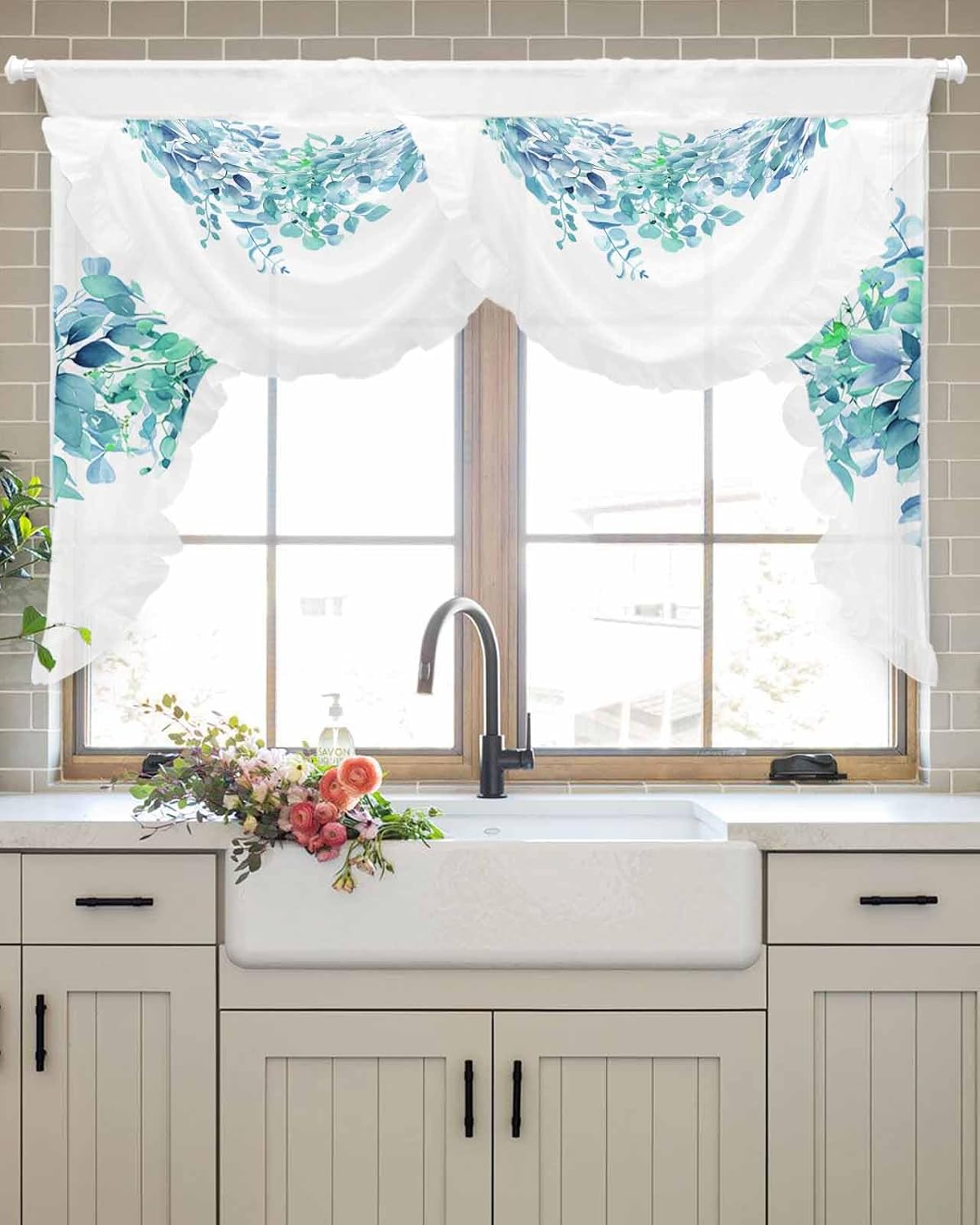 Waterfall Sheer Curtains Valance for Windows, Teal Eucalyptus Leaves Swag Valances for Living Room, Spring Plant Leaf Rod Pocket Voile Ruffle Waterfall Scarf Valance for Bedroom, 59x41.3 Inch