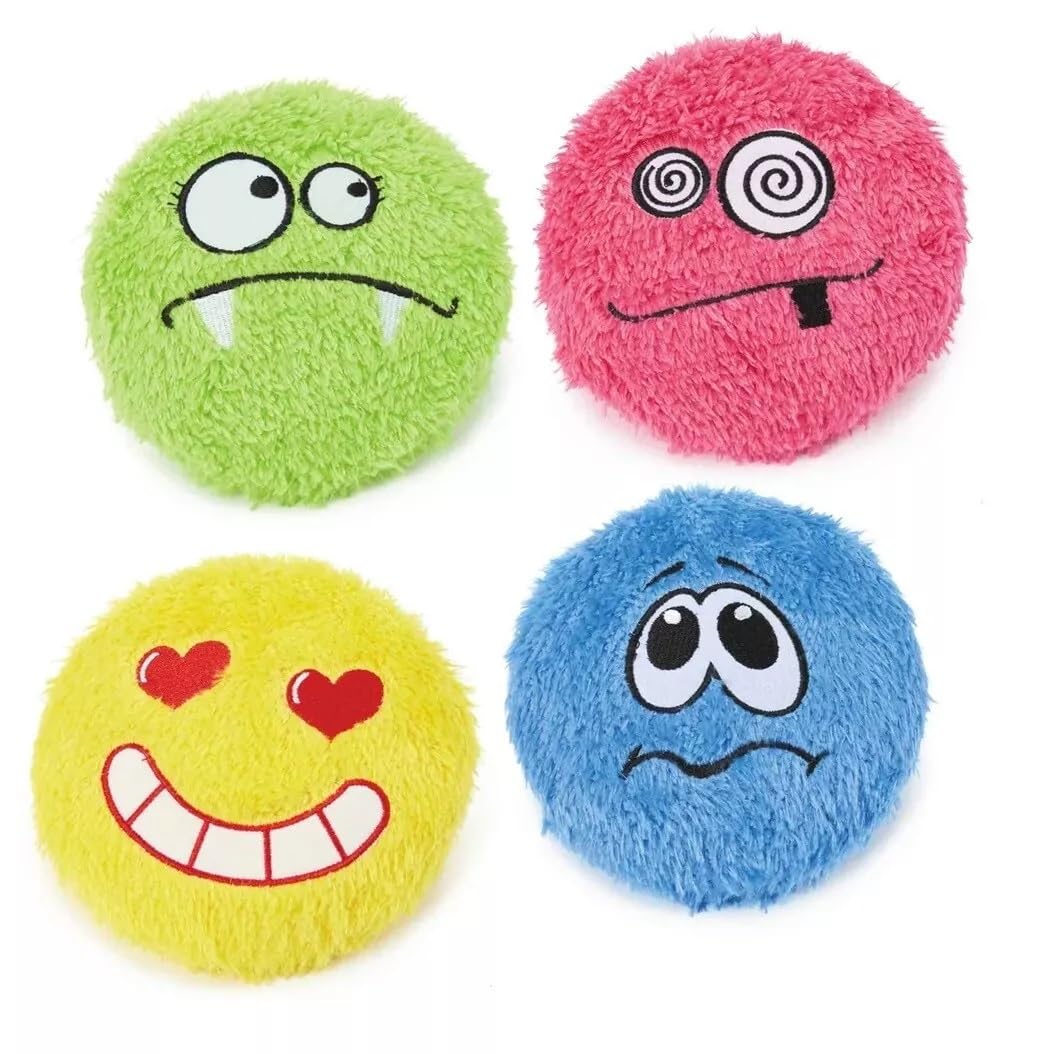 Plush Emojis 6" Disc Dog Toy Fuzzy Flyer Squeaker Pink Yellow Green Blue or Full Set (Full Set - All 4 Toys)