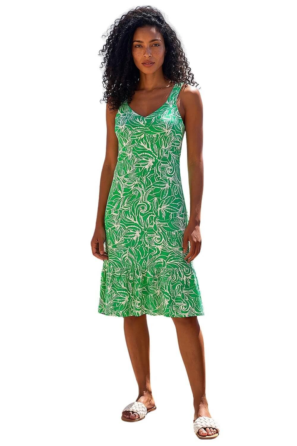 Roman Originals Geometric Print Strappy Frill Dress for Women UK - Ladies Everyday Holiday Spring Summer V-Neckline Comfy Soft Evening Vacation Work Party - Green - Size 12