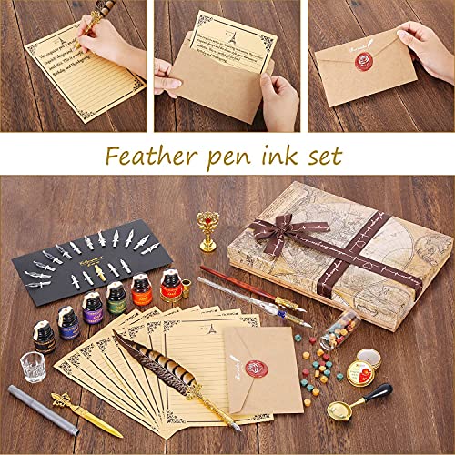 Nc Quill Pen Ink Set,Includes Quill Pen,Wooden Dip Pen,Glass Dip Pen,6 Bottles Ink,8 Letter Paper,1 Envelope,17 Replaceable Nibs,1 Bottle Of Fire Lacquer Wax,Spoon,Seal Stamp,Candle,Pen Holder, Cup. #TOP5