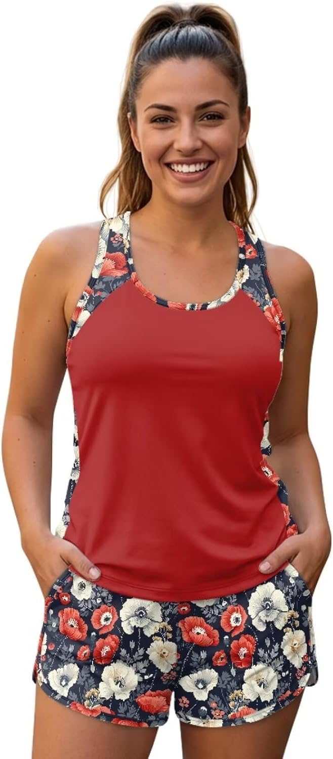 Womens Tankini Swimsuit with Sporty Pockets Shorts Two Piece Bathing Suit for Beach Pool Vacation Size S-6XL