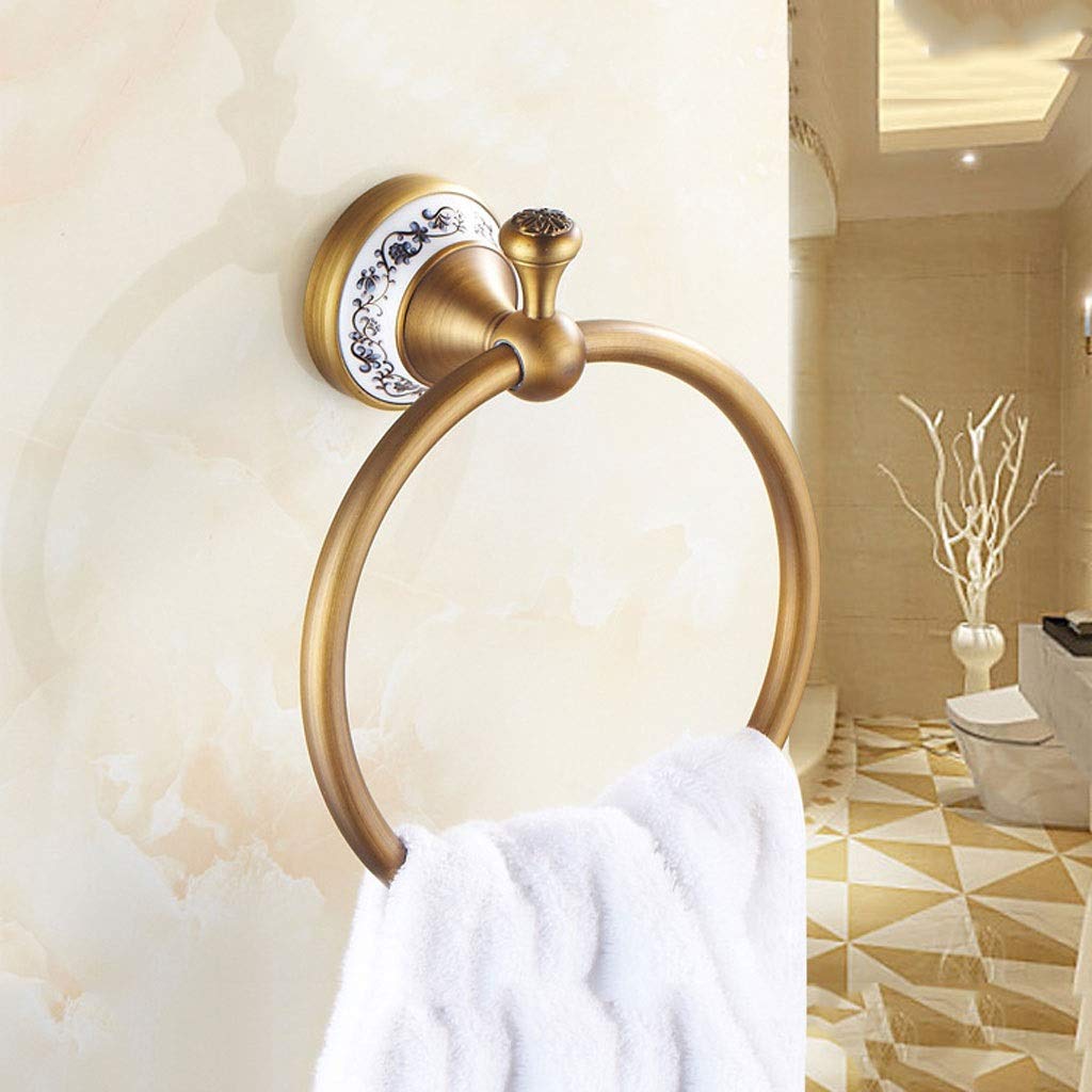 Toallero de anilla, Toalleros de aro, Percha redonda de baño de latón macizo for toallas de mano, estante de baño retro montado en la pared con tallas, 20 * 17 cm
