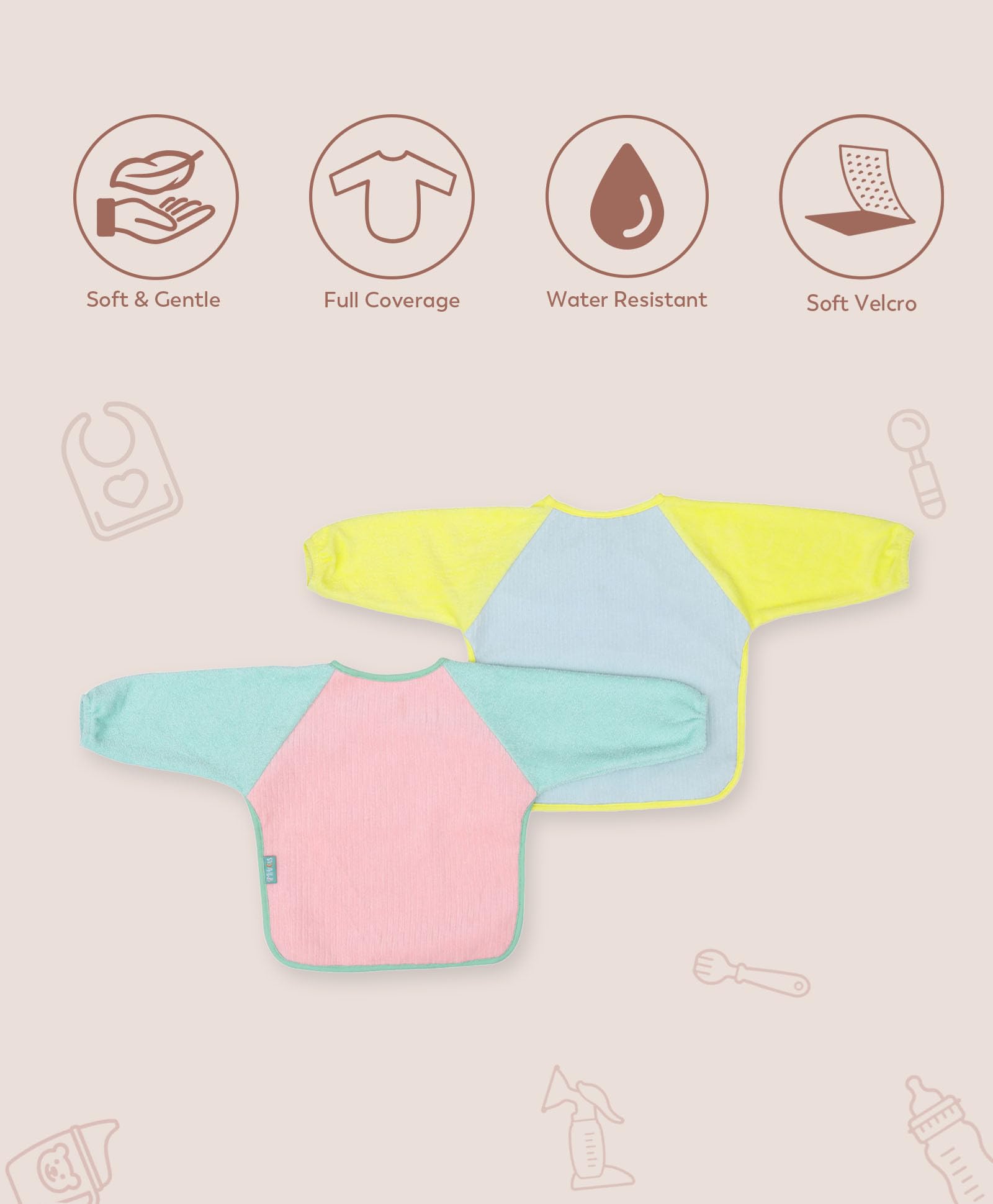 Mi Arcus Cotton Full Sleeve Water Resistant Coverall Feeding Bibs/Apron with Velcro Closure for Baby Boys Girls 9M -12 M(Pk of 2) - Pastel Multi 1