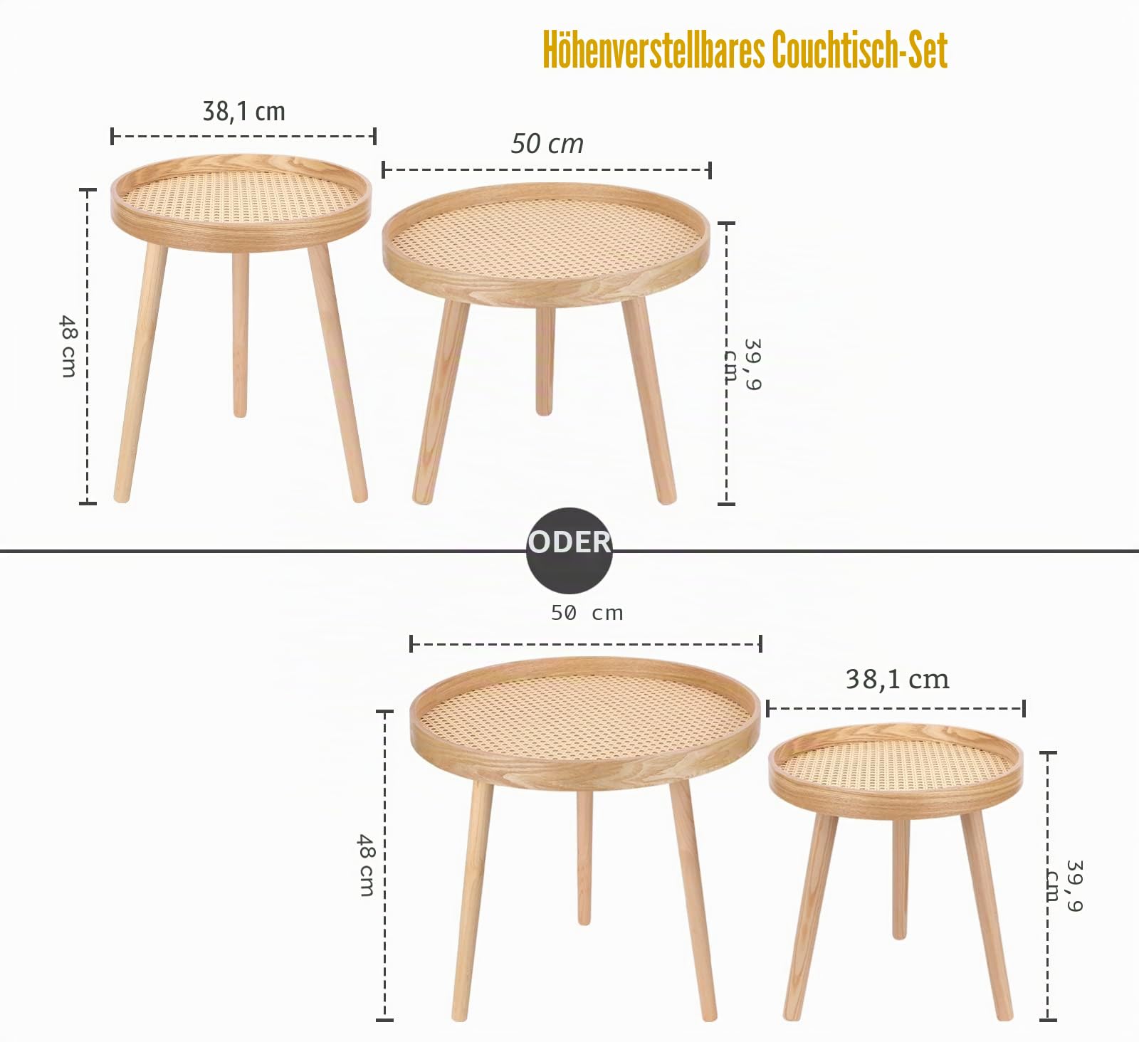 Runder Couchtisch 2er Set, Natürlicher Boho Beistelltisch, Kleiner Mid Century Moderner Rattan Tisch für Wohnzimmer, Schlafzimmer, Büro