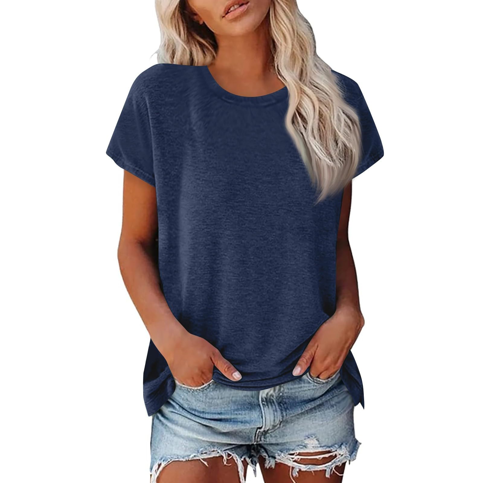 Femme T-Shirt Col Rond Manche Courte Eté Décontracté Tee Shirt Femmes Couleur Unie T Shirts Hauts Tuniques de Base D'été Lâches
