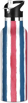 Vacuum Insulated Sports Water Bottle with Straw, Blue Red Stripes Pattern Geo Stainless Steel Sports Water Cup Flask for School Gym Travel Thermal Mug 20 oz